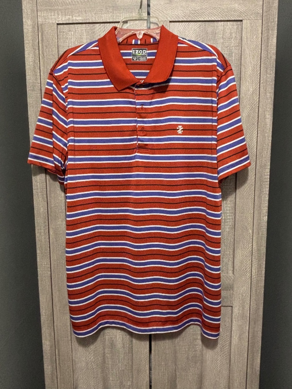 Men's IZOD Golf polo rust, purple, and white strip XL